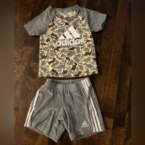 EUC Adidas 12-18M tee and shorts set dinos light green